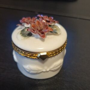 Porcelain Floral Trinket Box with Gold Accent - Filled With Jewelry
